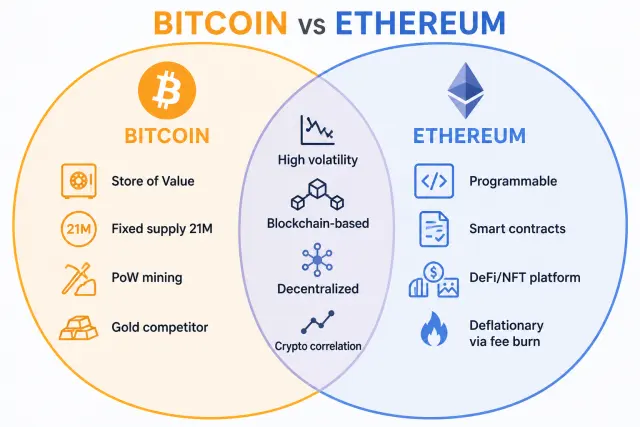 Venn diagram showing unique and shared characteristics of Bitcoin and Ethereum as investment assets