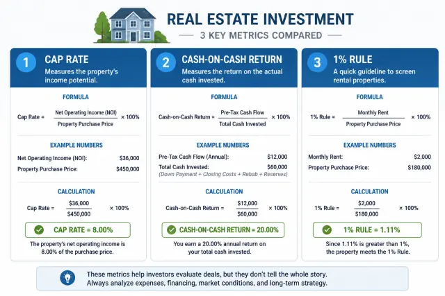 Three real estate investment metrics: cap rate, cash-on-cash return, and the 1 percent rule with calculation examples