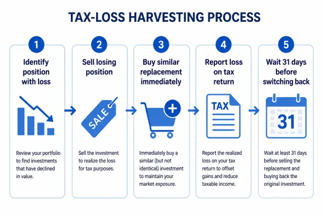 Five-step infographic showing how to execute tax-loss harvesting from identifying losses to filing taxes