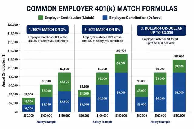 Comparison chart of three common employer 401k matching formulas