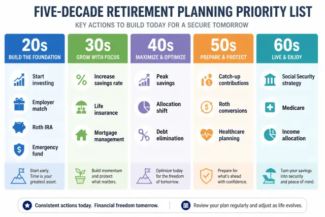 Five-decade retirement planning summary showing key priorities for each decade from 20s through 60s