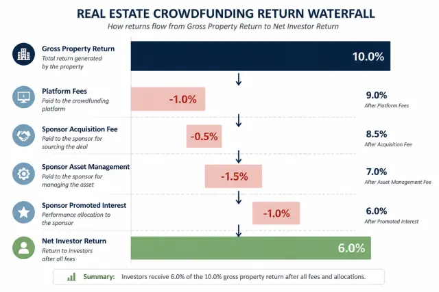 Fee waterfall diagram showing how gross real estate returns are reduced by platform and sponsor fees to arrive at net investor return