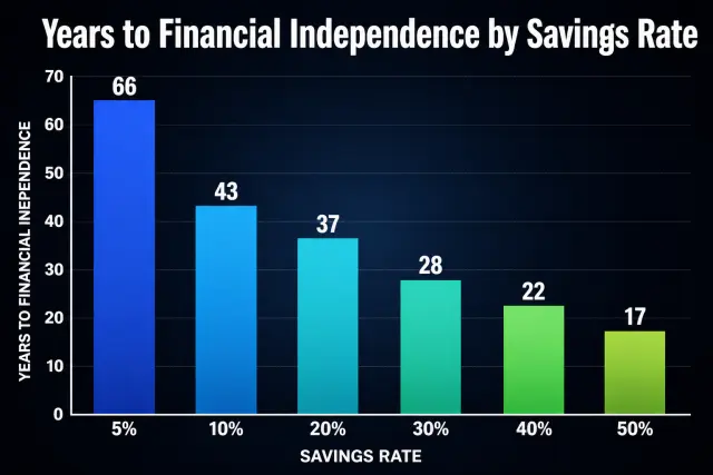 Bar chart showing years needed to reach financial independence at different savings rates from 5 percent to 50 percent