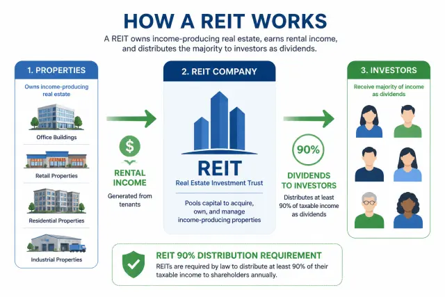 Flow diagram showing how REITs collect rental income from properties and distribute 90 percent as dividends to investors