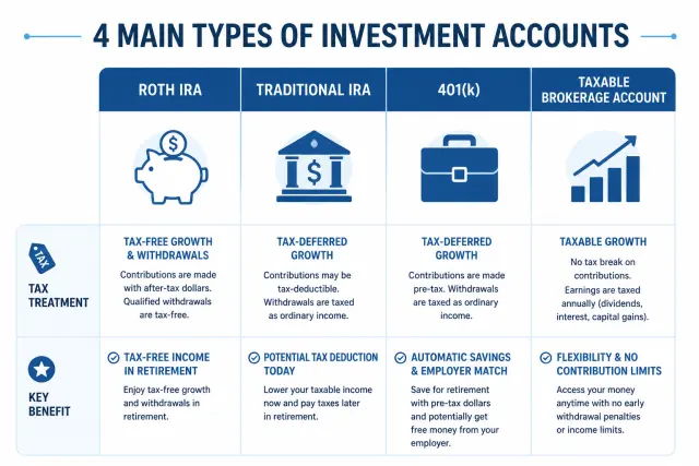 Comparison of four investment account types: Roth IRA, Traditional IRA, 401k, and taxable brokerage