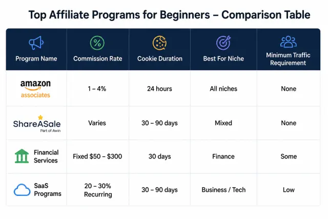 Comparison table of top affiliate programs showing commission rates, cookie durations, best niches, and requirements