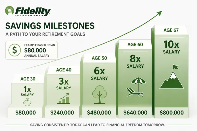 Fidelity retirement savings milestones staircase showing 1x to 10x salary benchmarks from age 30 to 67