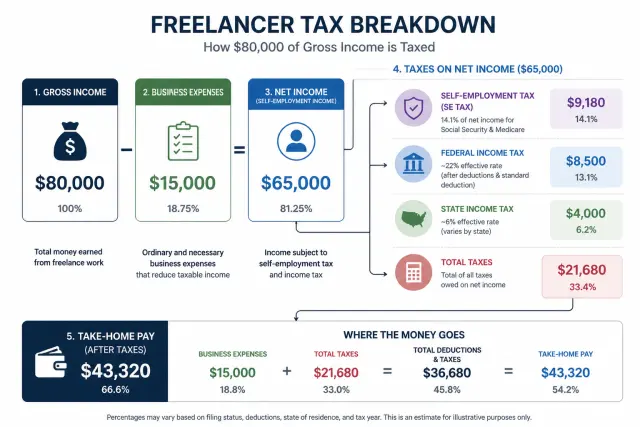 Tax breakdown diagram showing freelancer earning $80,000 gross with expenses, SE tax, federal income tax, and state tax labeled