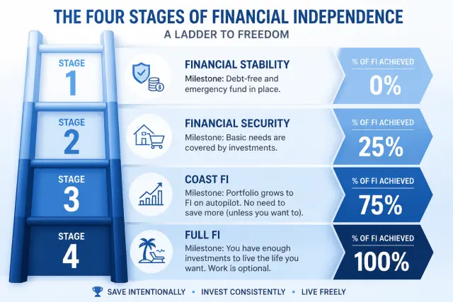 Four-stage ladder showing progression from financial stability to full financial independence
