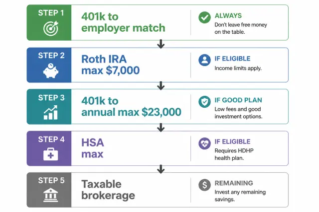 Step-by-step flowchart showing optimal 401k and IRA contribution order from employer match through taxable accounts