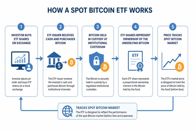 Flow diagram showing how spot Bitcoin ETF purchases work from investor to Bitcoin custody