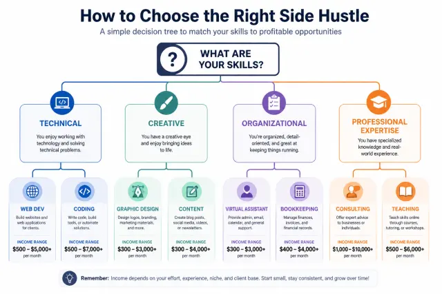 Decision tree showing how to choose the right side hustle based on your existing skills
