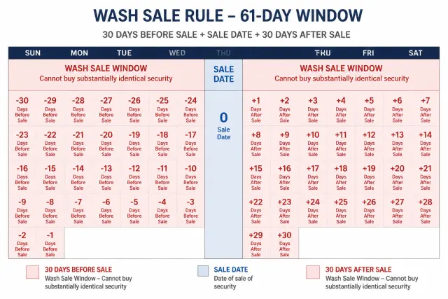 Calendar diagram showing the 61-day wash sale window with 30 days before and after the sale date