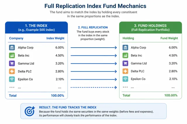 Diagram explaining how index fund full replication works by matching index holdings