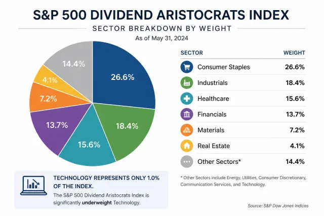 Sector breakdown chart of Dividend Aristocrats showing heavy weighting toward consumer staples, industrials, and healthcare