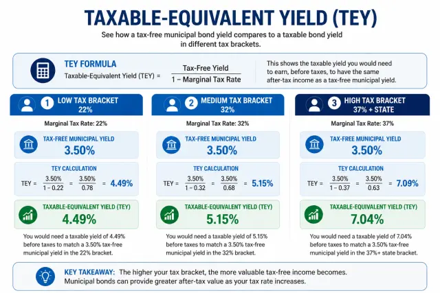Three scenarios showing taxable-equivalent yield calculation for different tax brackets with same 3.5% municipal bond yield