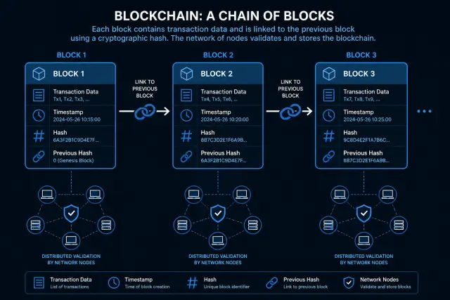 Blockchain diagram showing linked blocks with transaction data and distributed network nodes