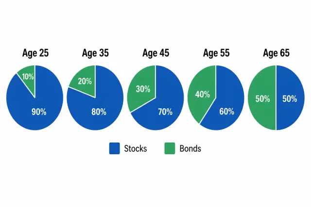 Five pie charts showing recommended stock to bond allocation ratios at ages 25, 35, 45, 55, and 65