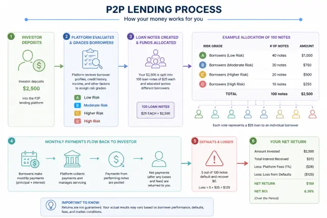 Flow diagram showing peer-to-peer lending process from investor deposit through loan allocation to monthly repayments