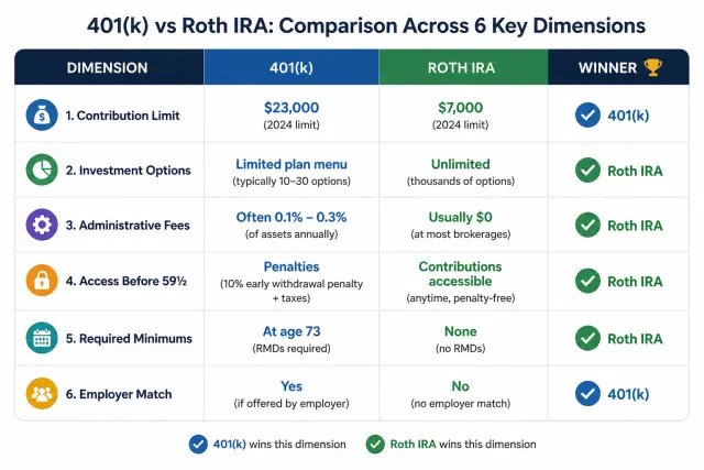 Comparison table of 401k versus Roth IRA across contribution limits, investment options, fees, access, and RMDs