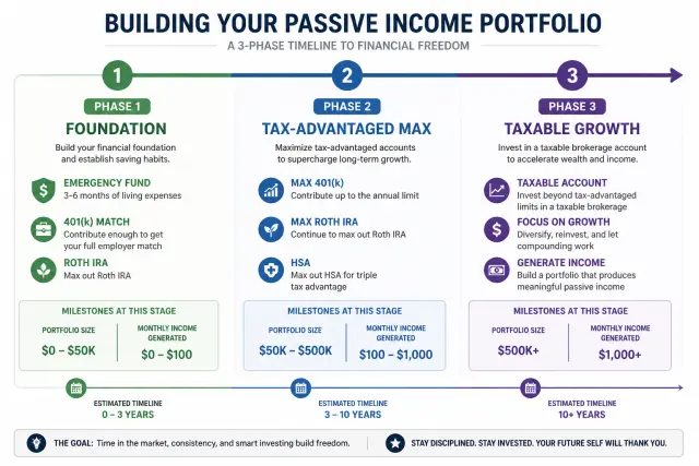 Three-phase passive income portfolio building timeline from foundation through tax-advantaged maximization to taxable account growth