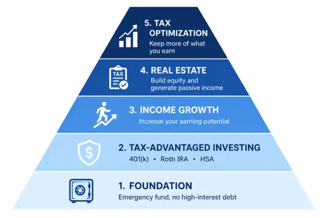 Wealth building priority pyramid showing the correct order from emergency fund and debt payoff at base to tax optimization at peak