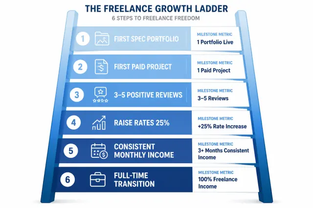 Ladder infographic showing six stages of freelance career growth from first portfolio to full-time income