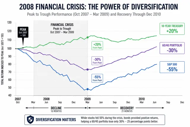 Line chart comparing S&P 500, Treasury bonds, and 60/40 portfolio performance during 2008 financial crisis
