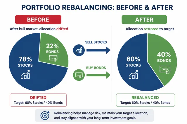 Before and after pie charts showing portfolio drifting from 60/40 to 78/22 and being rebalanced back to target