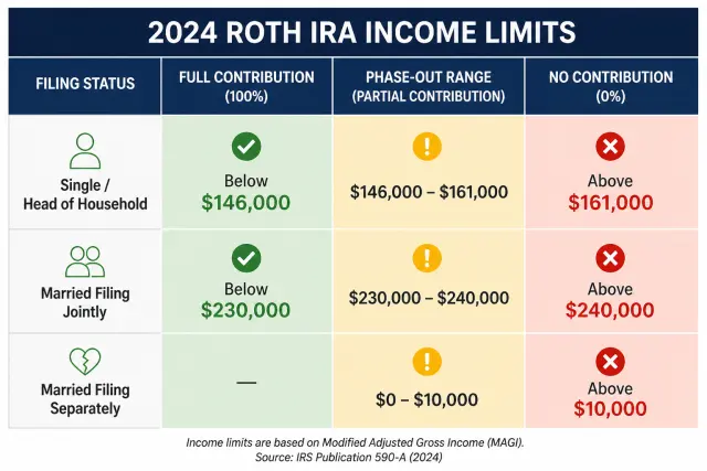 Table showing 2024 Roth IRA contribution phase-out income limits for single, married filing jointly, and married filing separately status
