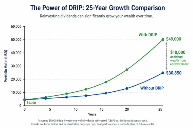 Comparison chart showing portfolio value with DRIP reinvestment versus without over 25 years