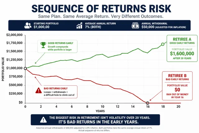 Chart showing sequence of returns risk: two retirees with same average returns but different sequences having dramatically different outcomes