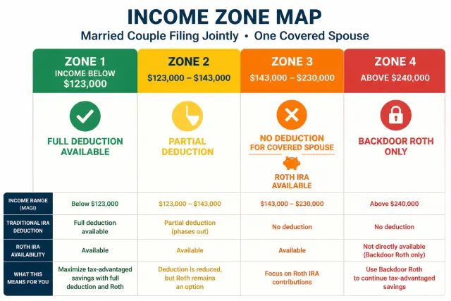 Income zone map showing four zones from full IRA deductibility through partial deduction to no deduction to backdoor Roth only