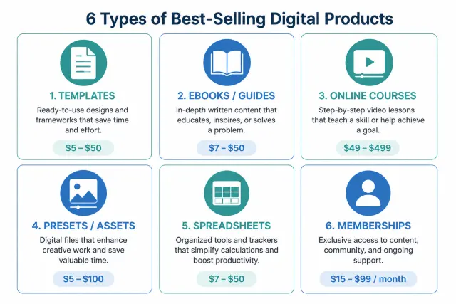 Grid showing six best-selling digital product types: templates, ebooks, courses, creative assets, spreadsheets, and memberships