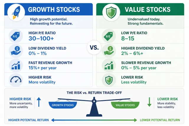 Comparison infographic showing growth stocks versus value stocks key characteristics including P/E ratio, dividend yield, and growth rate
