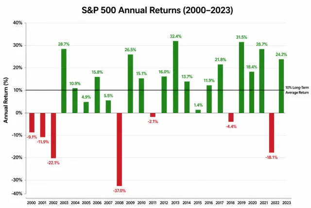 Annual S&P 500 returns bar chart from 2000 to 2023 showing positive and negative years