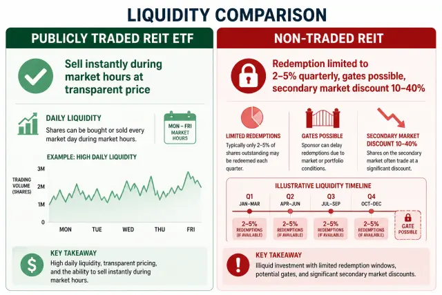 Liquidity comparison showing instant daily liquidity for public REIT ETF versus limited quarterly redemption with potential gates for non-traded REIT