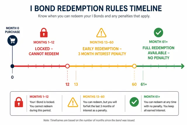 I Bond redemption timeline showing locked period, early withdrawal penalty period, and penalty-free period