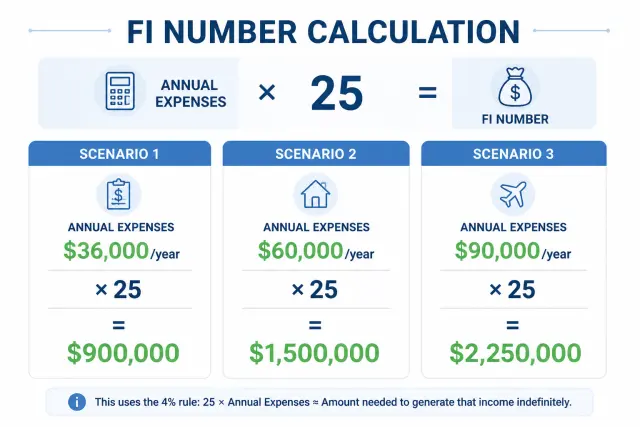 Financial independence number calculation showing three scenarios multiplying annual expenses by 25