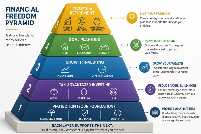 Five-tier financial planning pyramid from protection at base through tax-advantaged investing, growth investing, goal planning, to income and retirement at peak