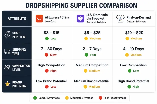 Comparison table of three dropshipping supplier types showing cost, shipping speed, competition level, and brand potential