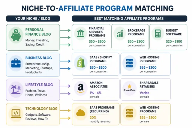 Diagram matching content niches to highest-value affiliate programs showing personal finance, business, lifestyle, and tech niches with best programs
