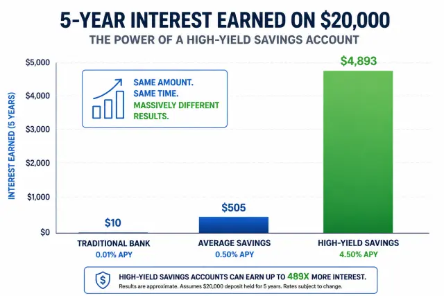 Bar chart comparing interest earned on $20,000 over 5 years at traditional bank 0.01%, average savings 0.5%, and high-yield savings 4.5%