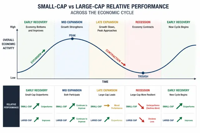 Economic cycle chart showing how small-cap and large-cap stocks perform differently in early recovery, late expansion, and recession phases
