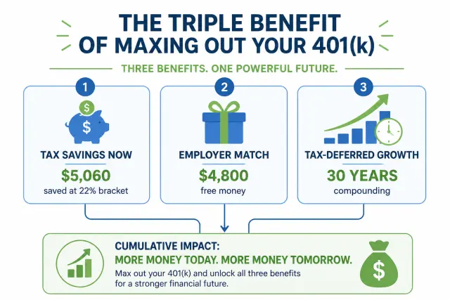 Three-benefit infographic showing tax savings, employer match, and tax-deferred growth from maxing out 401k