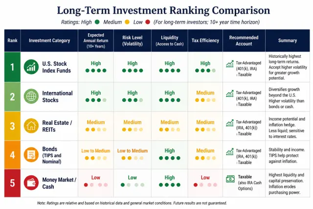 Long-term investment comparison table showing expected returns, risk, liquidity, and recommended accounts for five asset classes