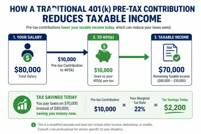 Diagram showing how 401k pre-tax contributions reduce your taxable income