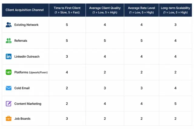Comparison table of freelance client acquisition channels showing time to first client, quality, rate level, and scalability