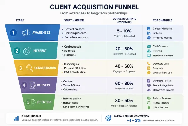 Client acquisition funnel showing stages from awareness through retention with top channels and conversion rates at each stage