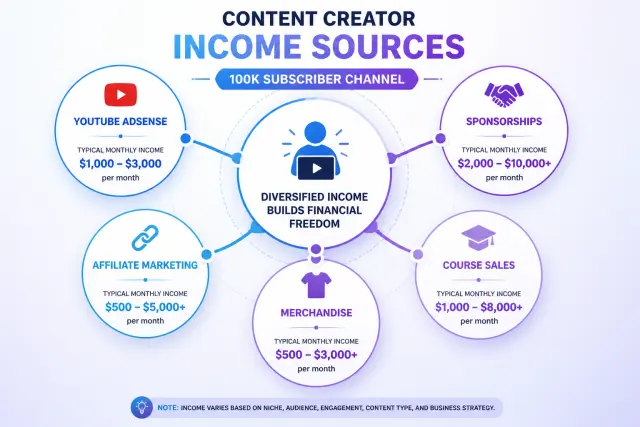 Infographic showing multiple income streams available to content creators including ads, sponsorships, affiliate marketing, and courses